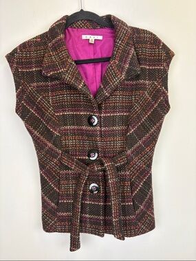 Cabi Wool Blend Plaid Jacket Belted Tweed Blazer Pink Lining Size Small